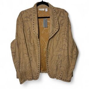 Chico’s XL Suede Look Laser Cut Jacket Western Boho Open Front NWT
